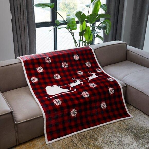 NEW! Red Black Buffalo Plaid Christmas Reindeer Buttery Soft Sherpa Throw - Picture 1 of 3
